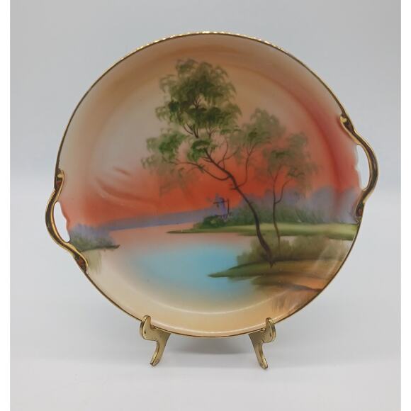 VTG Noritake Handled Hand Painted Round Serving Plate Landscape Tree in Meadow - Picture 1 of 9